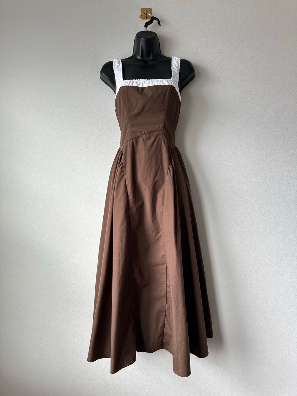 Brown White Milkmaid Maxi Dress Cottagecore Dirndl Full Skirt Moon River M